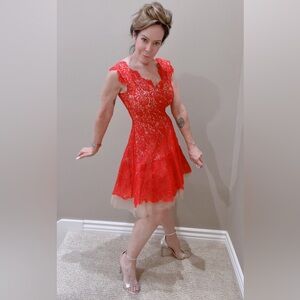 NHA KHANH Red Lace Fit and Flare Dress